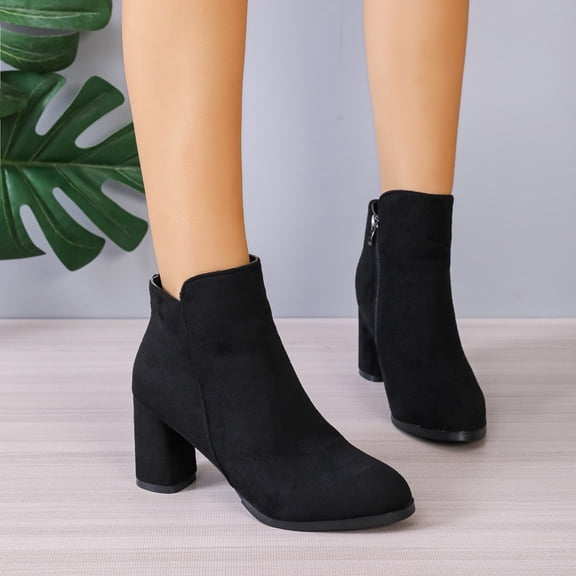 Samdudou Womens Boots Closed Toe Ankle Booties Classic Almond Front Soft Faux Suede Minimalist Design Stacked Chunky Heel Side Zip Everyday Office Casual Footwear