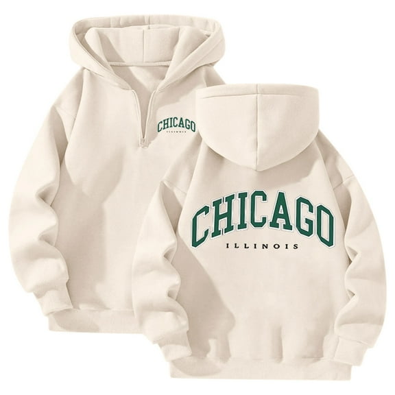 Hoodies for Women Fall Fashion 2025 Trendy Pullover Hooded Sweatshirts with Pocket Long Sleeve Letter CHICAGO Printed Hoodie Clothes (Beige, L)