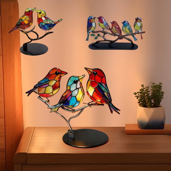 Stained Glass Birds on Branch Desktop Ornament, Colorful Metal & Copper Base Table Decor for Home Office Shelf Gift