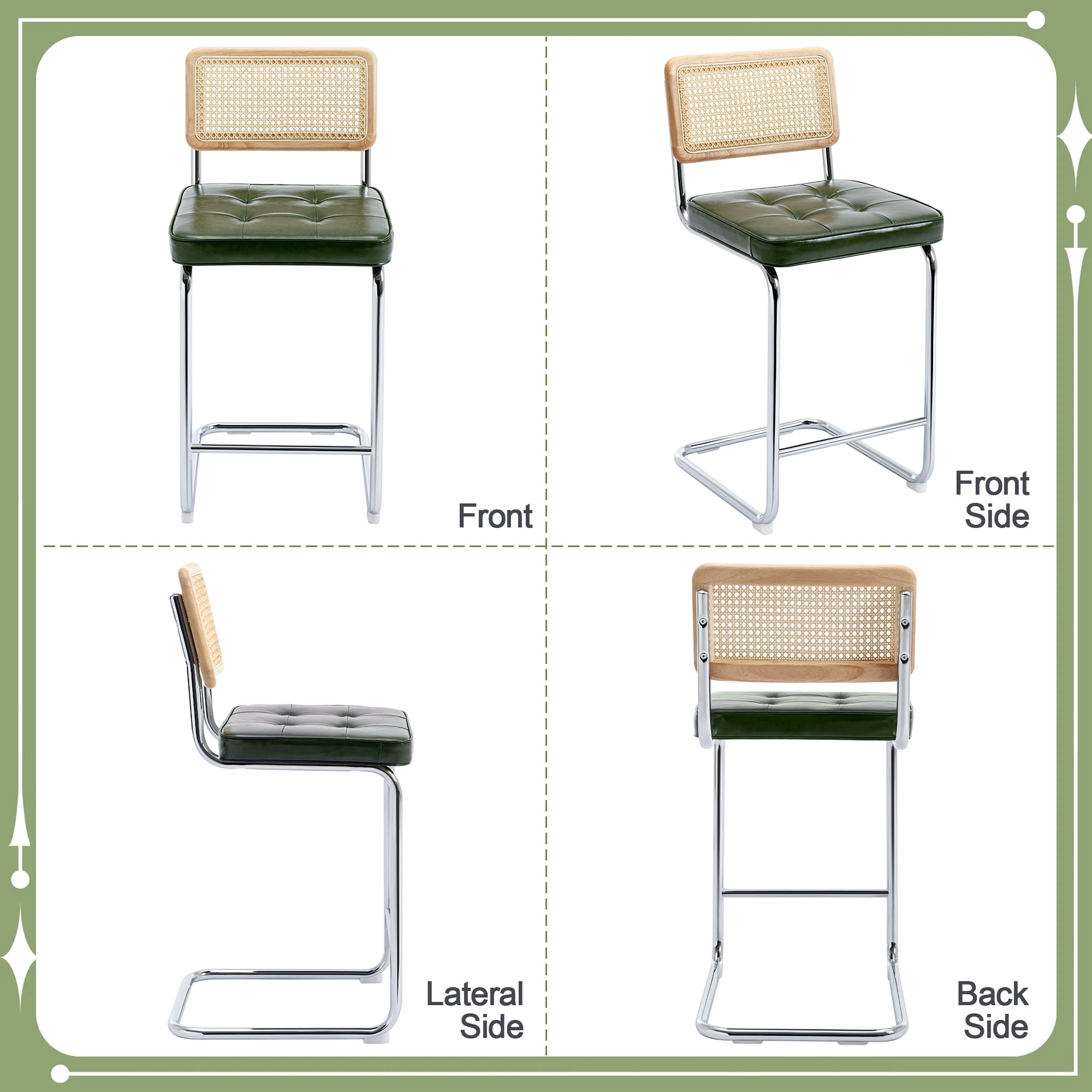 Zesthouse Rattan Counter Height Bar Stools Set of 2, 26″ Faux Leather Counter Height Barstool with Cane Back, Mid Century Modern Bar Chairs for Kitchen Island, Green