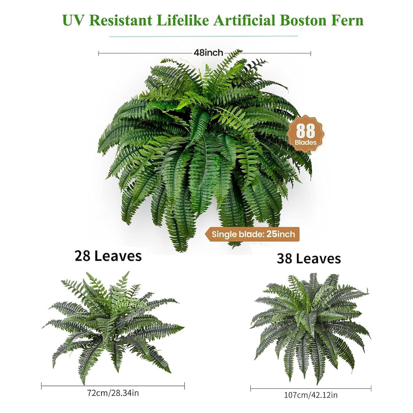 Large Artificial Fern for Outdoors, UV-Resistant Fake Ferns (28/38/60/88 Fronds) - Realistic Faux Greenery, Fade-Proof Outdoor Plants for Porch & Hanging Baskets