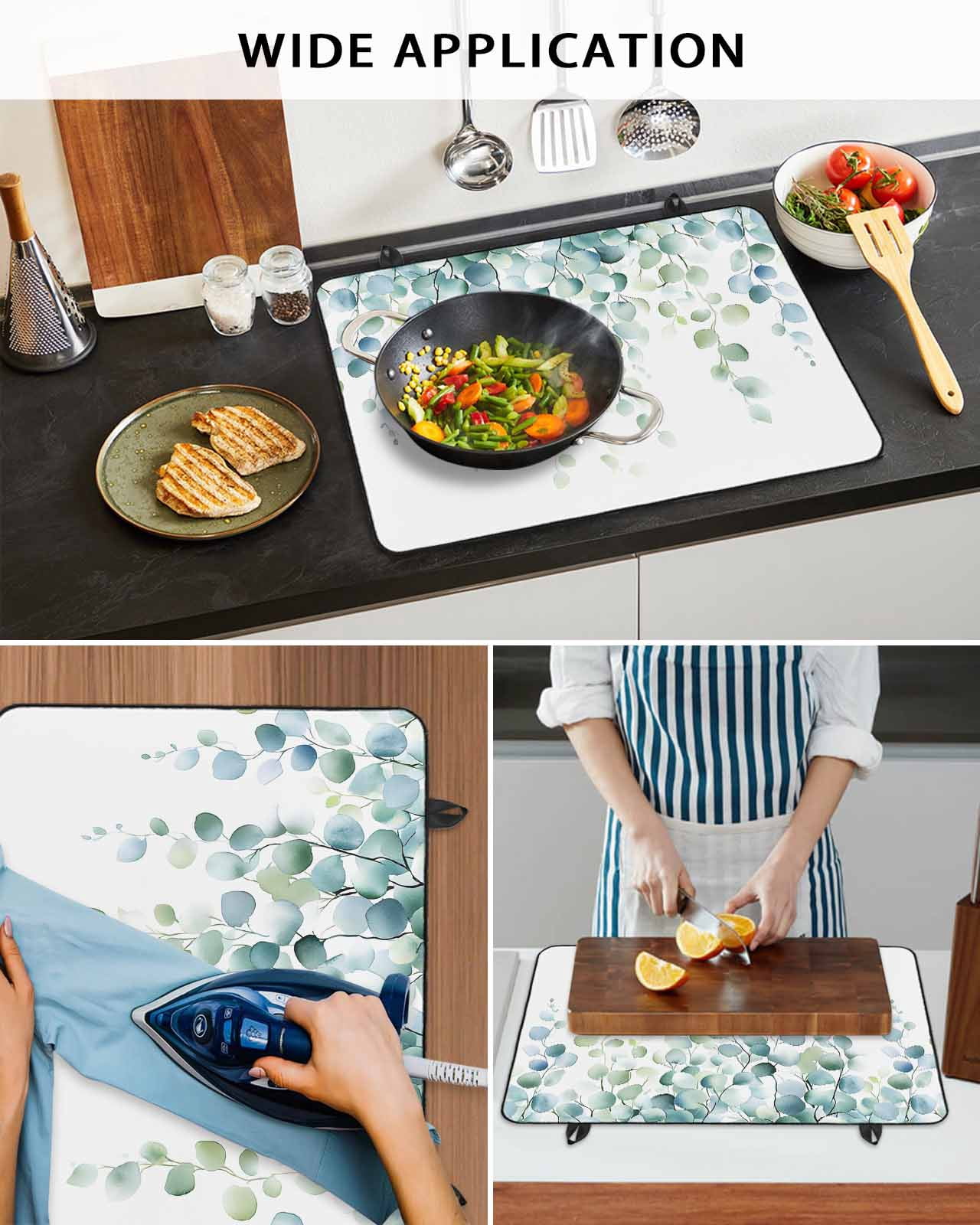 nqOlkjepod Large Induction Cooktop Protector Mat 24"x21", Sage Green Eucalyptus Stove Top Covers for Electric Stove, Watercolor Botanical Leaves Stove Burner Cover Mats, Glass Top Stove Cover