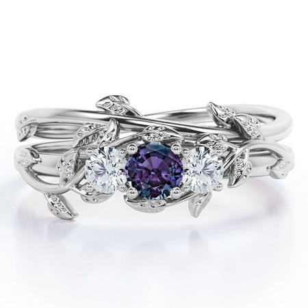 JeenMata Nature-inspired Design 1 Carat Round Brilliant Cut Lab Grown Alexandrite and Moissanite Triple Stone Wedding Ring Set in 18K White Gold Plating over Silver