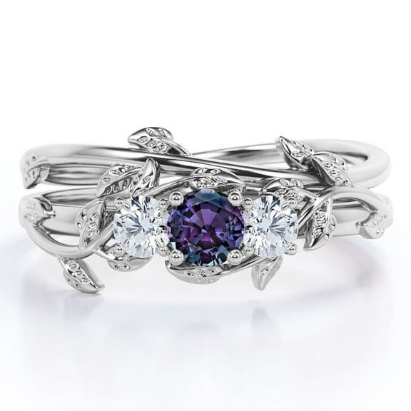 JeenMata Nature-inspired Design 1 Carat Round Brilliant Cut Lab Grown Alexandrite and Moissanite Triple Stone Wedding Ring Set in 18K White Gold Plating over Silver