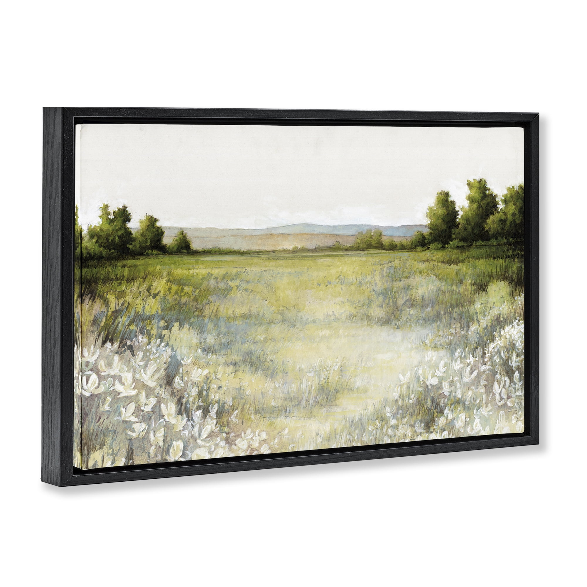 Stupell Industries White Flowers Meadow Landscape & Nature Painting Black Floater Framed Canvas Art Print Wall Art, 31 x 21