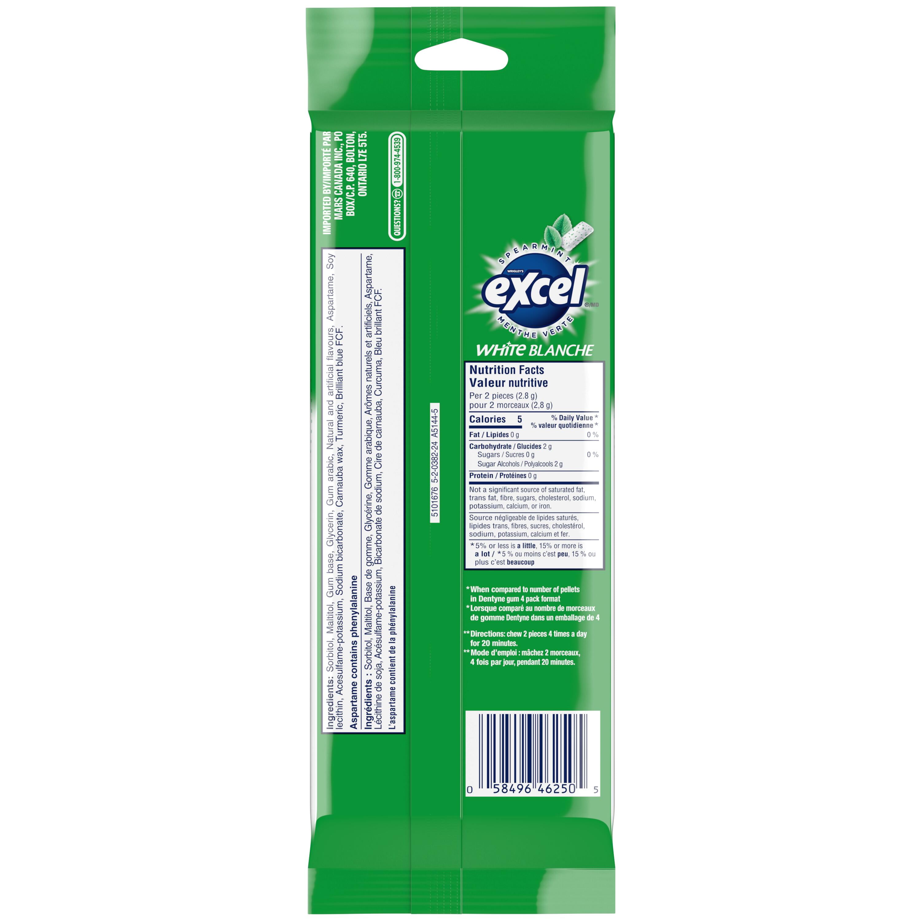 EXCEL White Spearmint, Teeth Whitening Sugar Free Chewing Gum, 18 Pieces, 3Packs, 3 Packs, 18Pellets