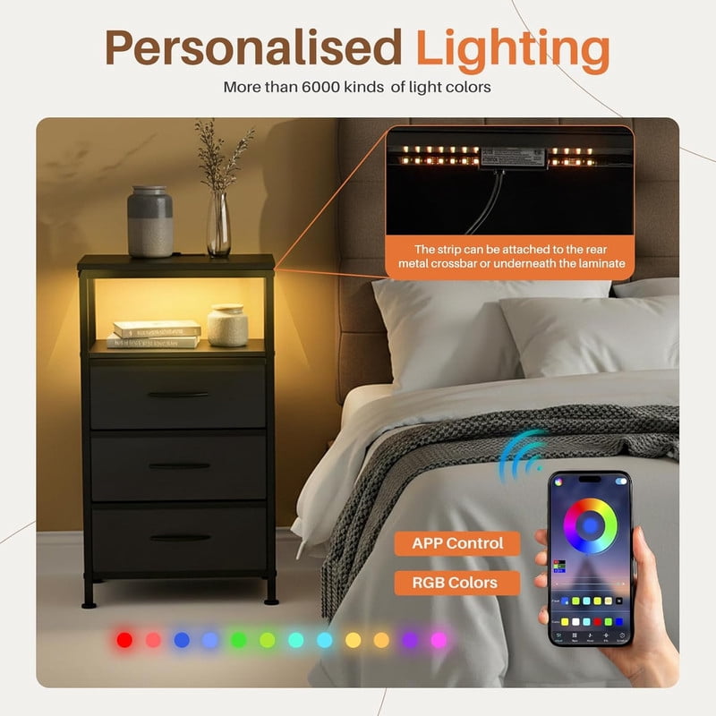 Simenmax Nightstand with Charging Station & LED Lights, 3 Drawer Bedside Table with Variable Light Strip, Modern Industrial Bedroom Furniture, Black