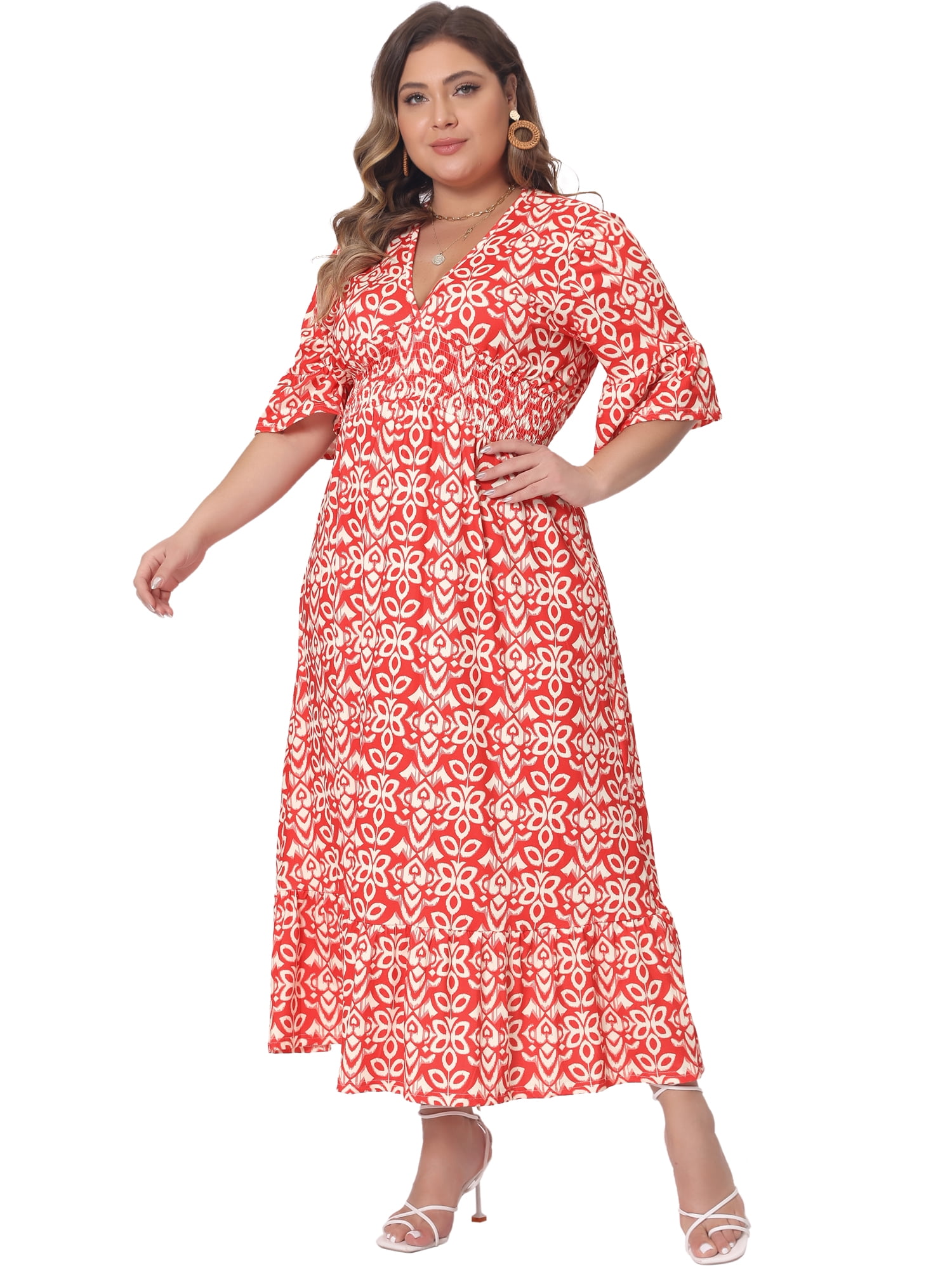 DARING DIVA Women's Plus Size Bell Sleeve Ruffled Hem Boho A Line Dress 1X Red