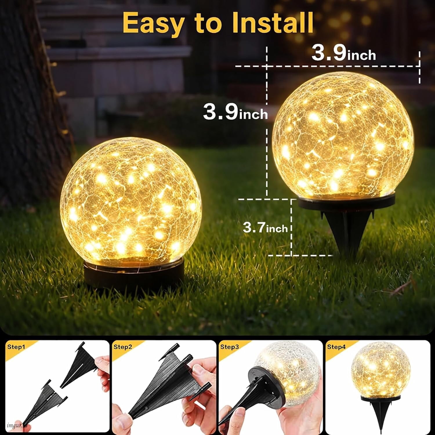4 Pack Solar Globe Lights Outdoor, 3.9 inch Warm White LED Cracked Glass Path Lights, Waterproof Solar Landscape Lighting for Garden, Yard, Patio, Walkway & Step Decoration