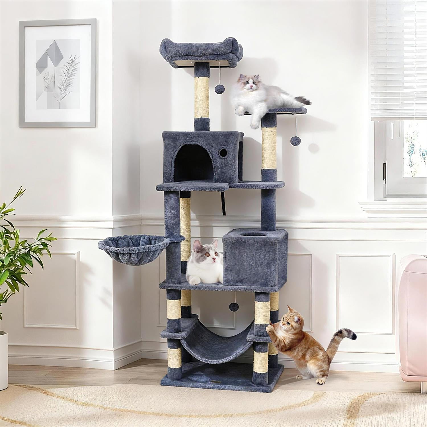 Pefilos 66" Tall Multi-Level Cat Tree, 2 Condos & Sisal Scratching Posts, Hammock & Dangling Balls, Dark Gray
