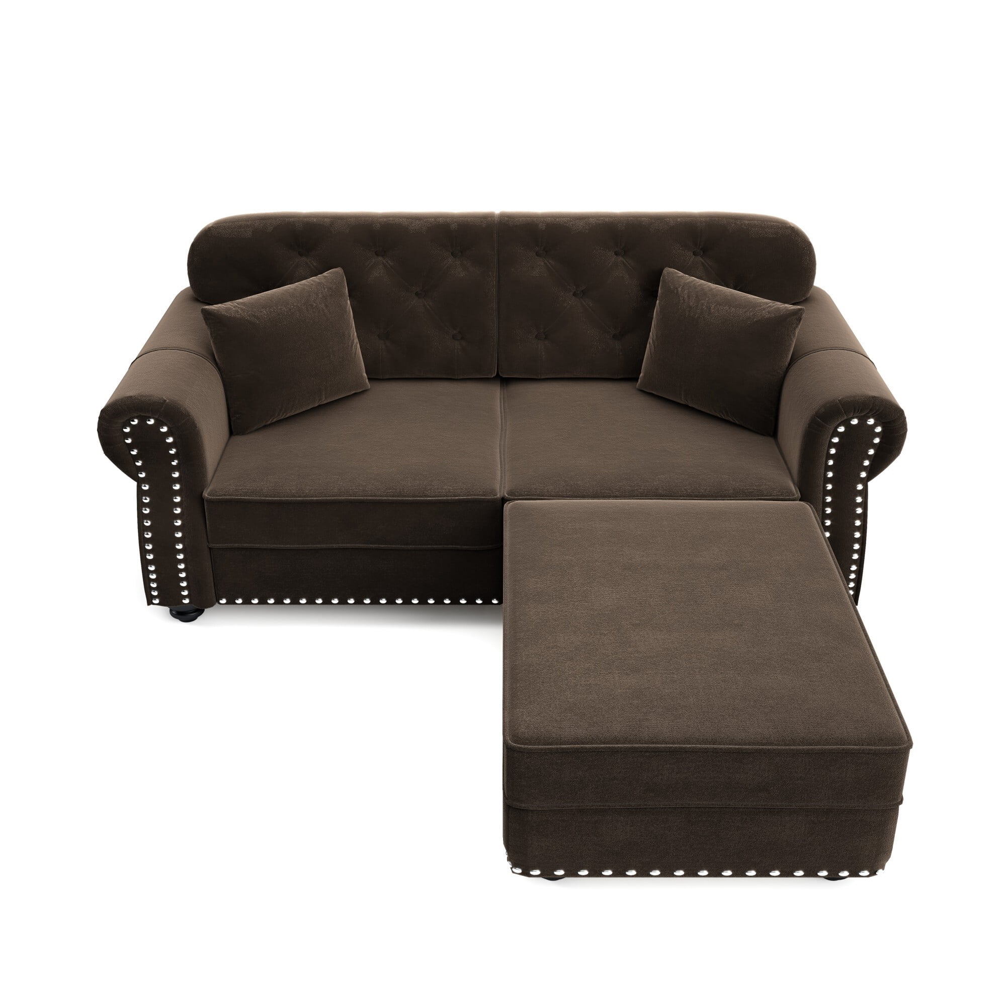 DEALTOPS 63 Inch Reversible Chesterfield Velvet Sectional Sofa with Ottoman, Tufted Nailhead Trim, Brown