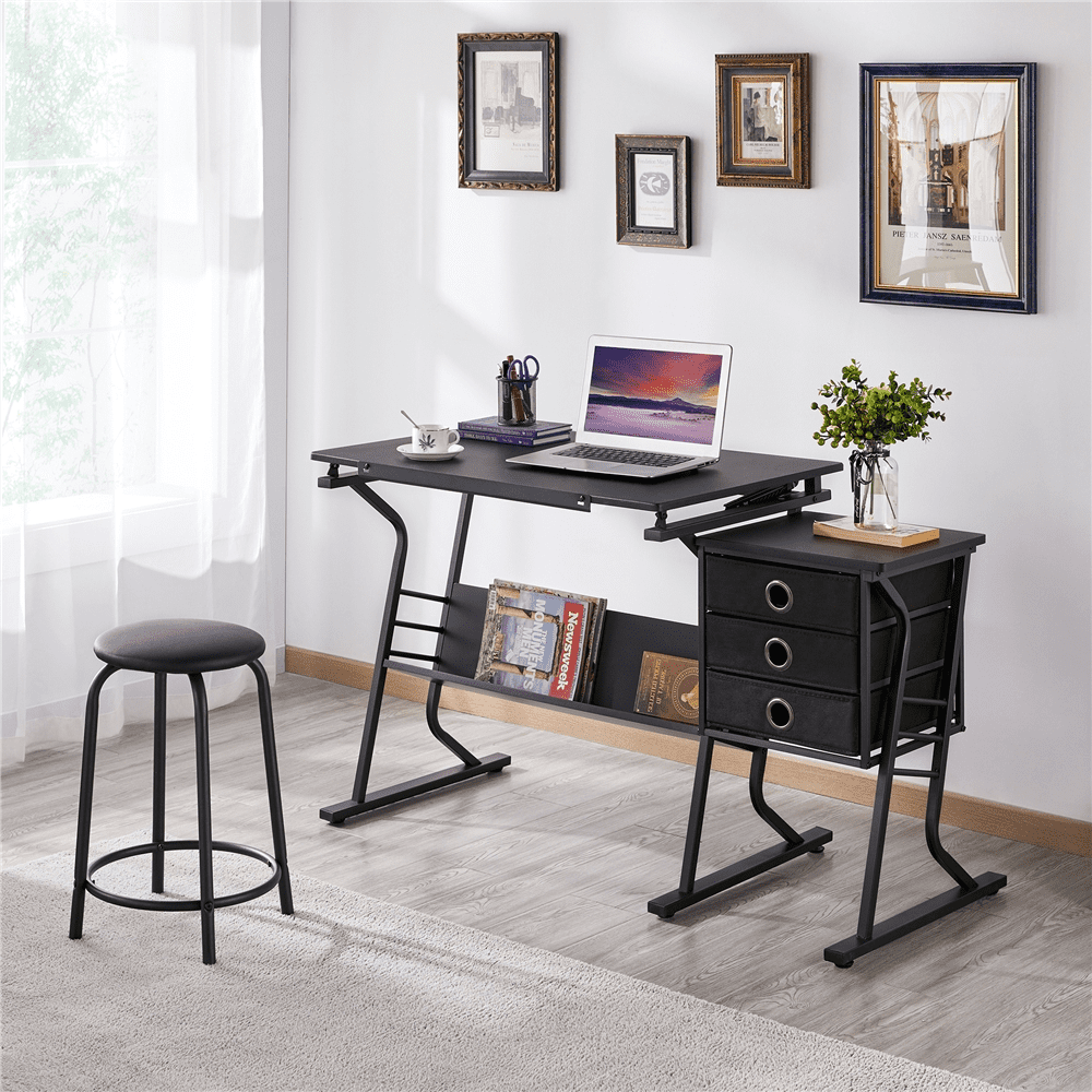 Renwick Drafting Table & Stool Set with Tilting Tabletop & Side Countertop, Black