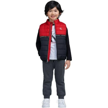Calvin Klein Jeans Youth Boy's 3 Piece Vest Outfit Set (Black/Red, 4T)