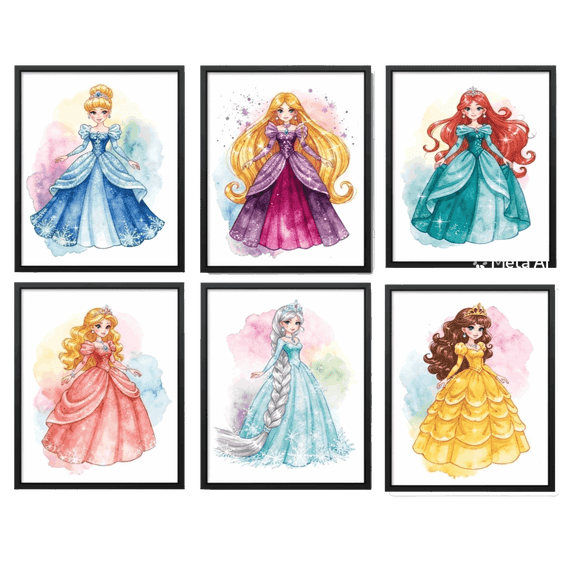Princess Poster Princess Watercolor Prints Princess Room Wall Art Decor Canvas Art HD Print Painting Room Aesthetics Decor 8X10 inch Set of 6 Unframed