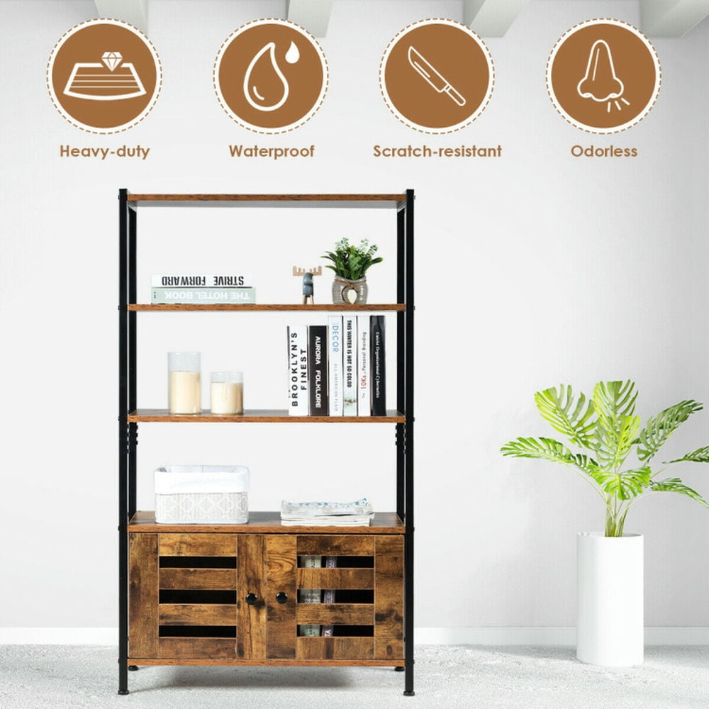 Demi Bonn 3-Tier Bookshelf with 2 Shutter Doors Storage Cabinet, Free Standingdustrial Bookcase, Brown