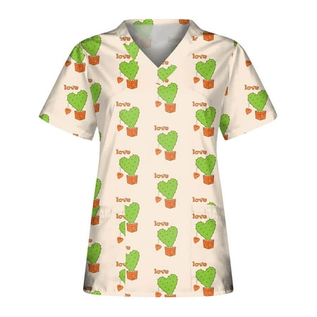 

FAFWYP Valentine s Day Scrubs for Women Womens Loose Scrubs Tops Summer Nurse Short Sleeve V Neck Workwear Floral Heart Printed Working Uniform Shirt Medical Blouse with Pockets