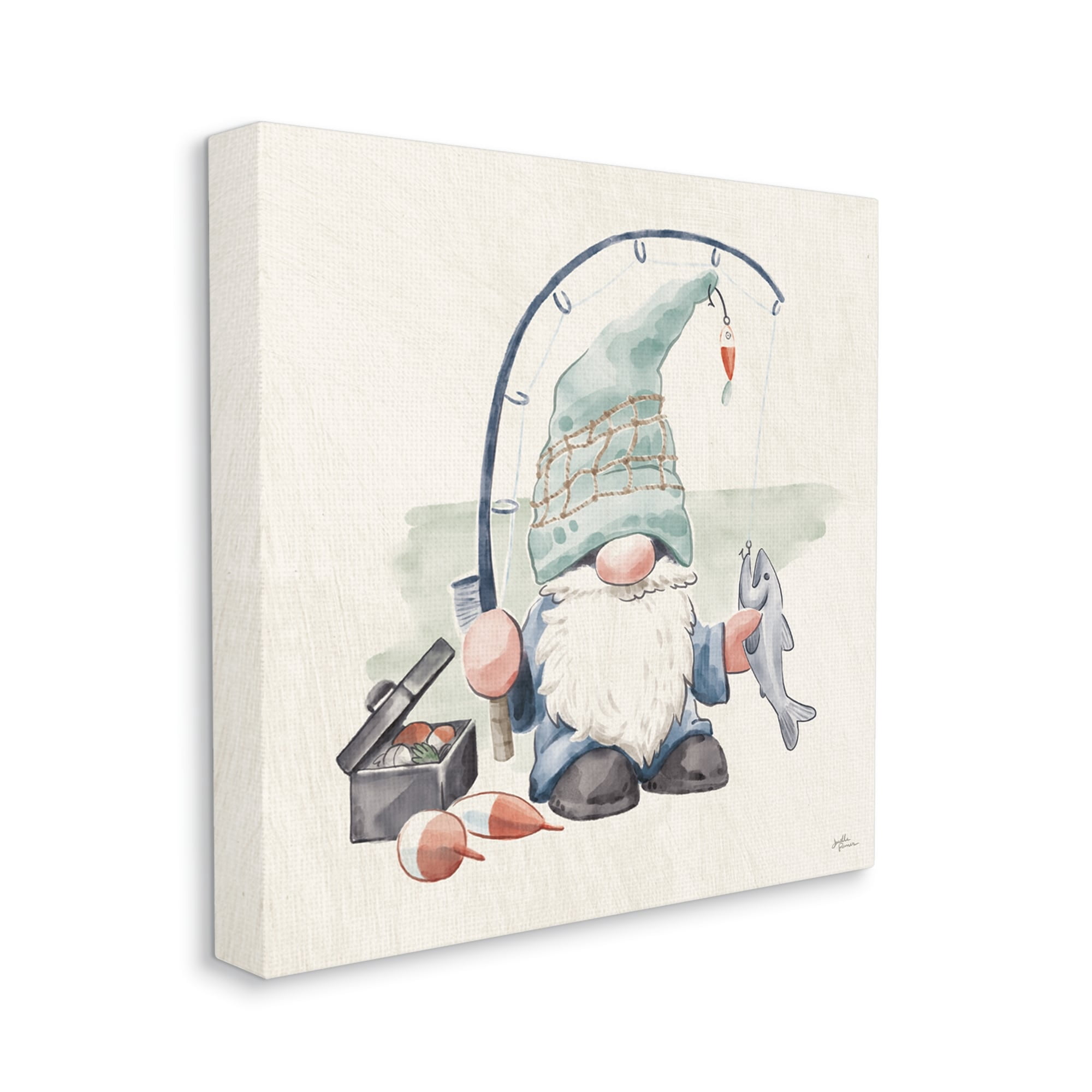 Stupell Industries Gnome Fishing Pole Summer Watercolor Beach Theme, 17 x 17, Design by Janelle Penner