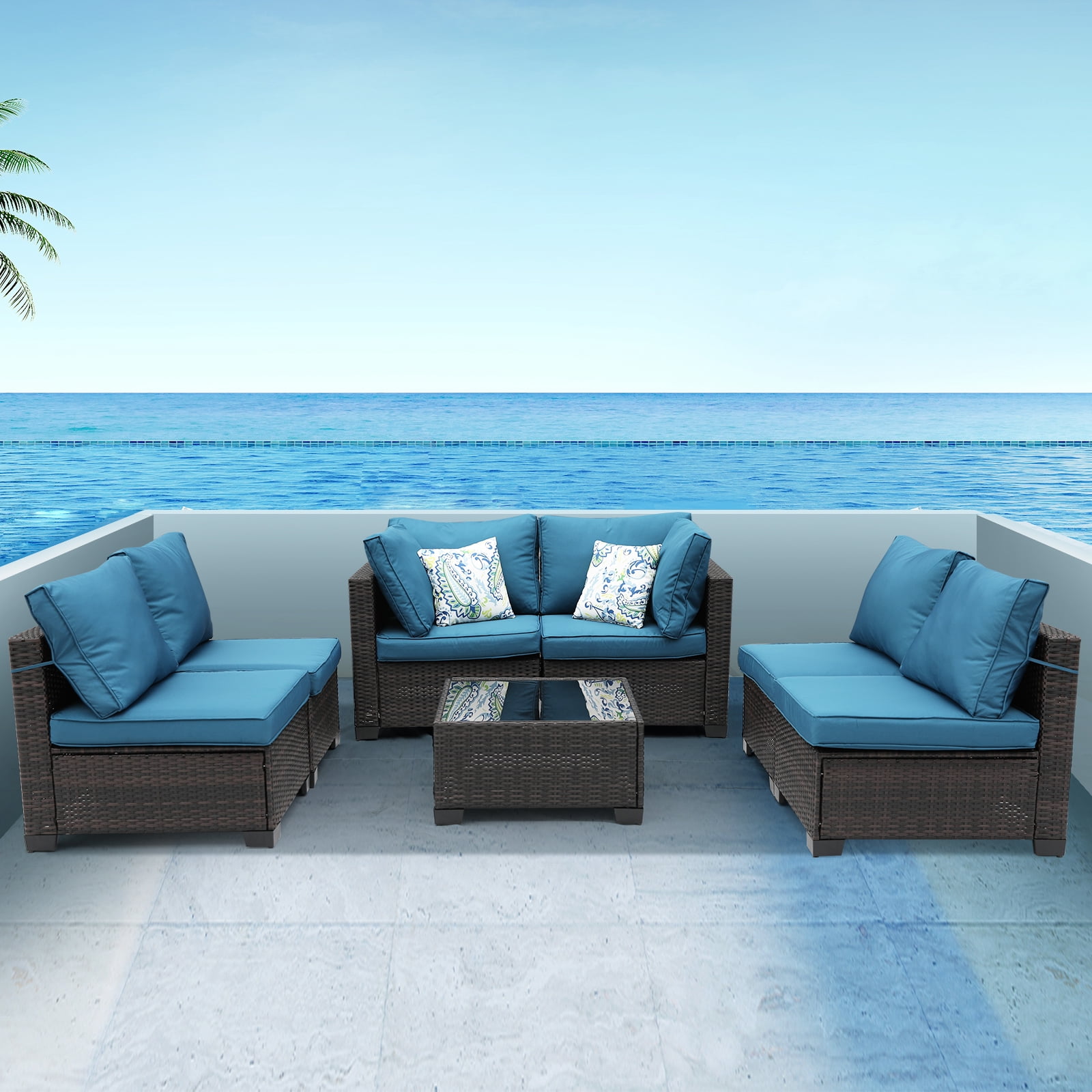 ZXRLHX 7-Piece Outdoor Rattan Patio Furniture Set (Brown/Peacock Blue) with Anti-slip Cushions