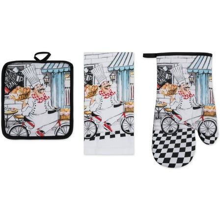 PREMIUS 3 Piece Printed Kitchen Linen Set, Baking Chef, 1 Cotton Towel, 1 Pot Holder, 1 Oven Mitt