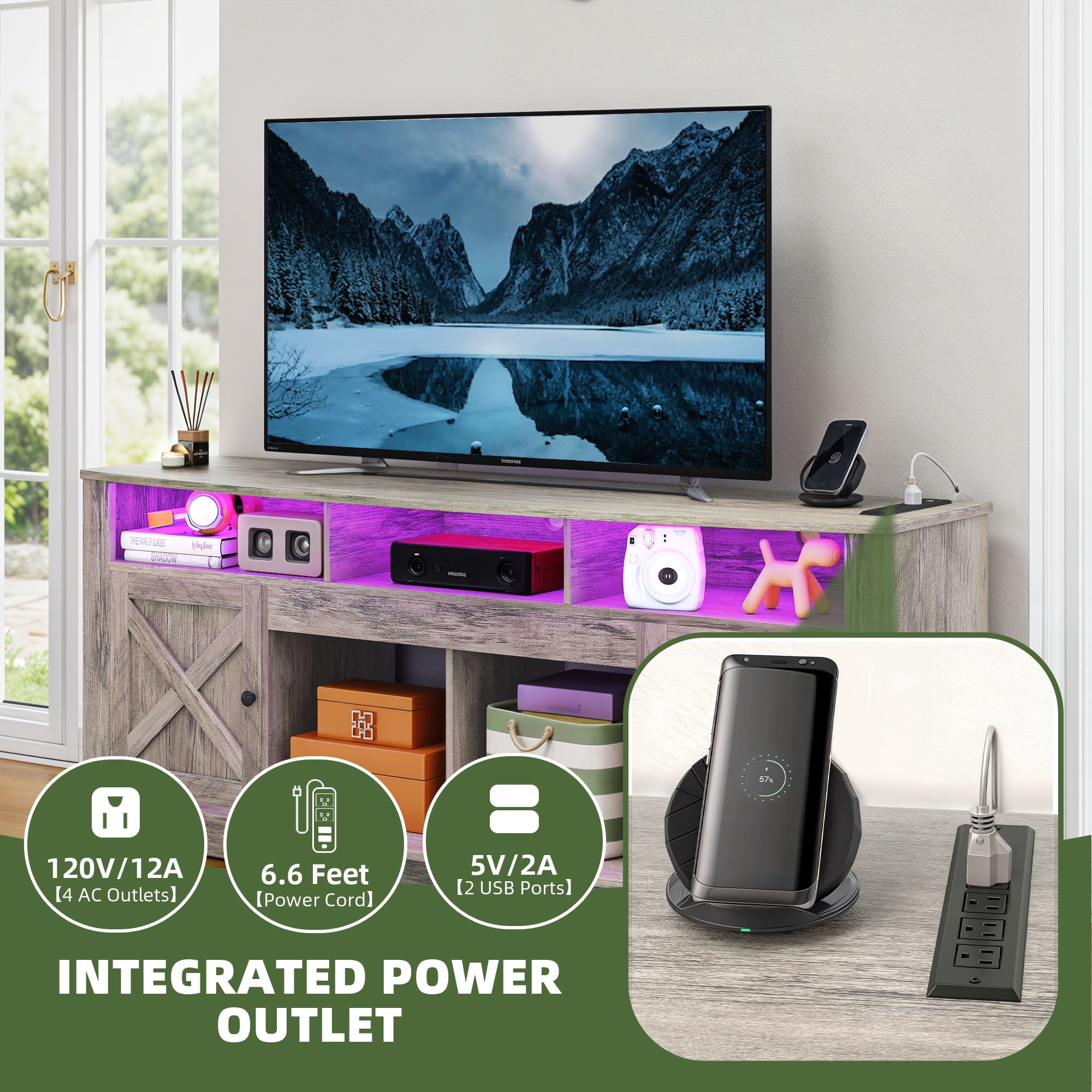 Uforic 70'' TV Stand for 80-Inch TV, Entertainment Center with Multi-Color LED Lighting, Charging Outlets, & Plenty of Storage for Living Room, Rustic Gray