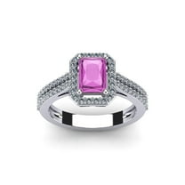 SuperJeweler 1 1/2 Carat Octagon Shape Created Pink Sapphire and Halo Diamond Ring In Sterling Silver For Women