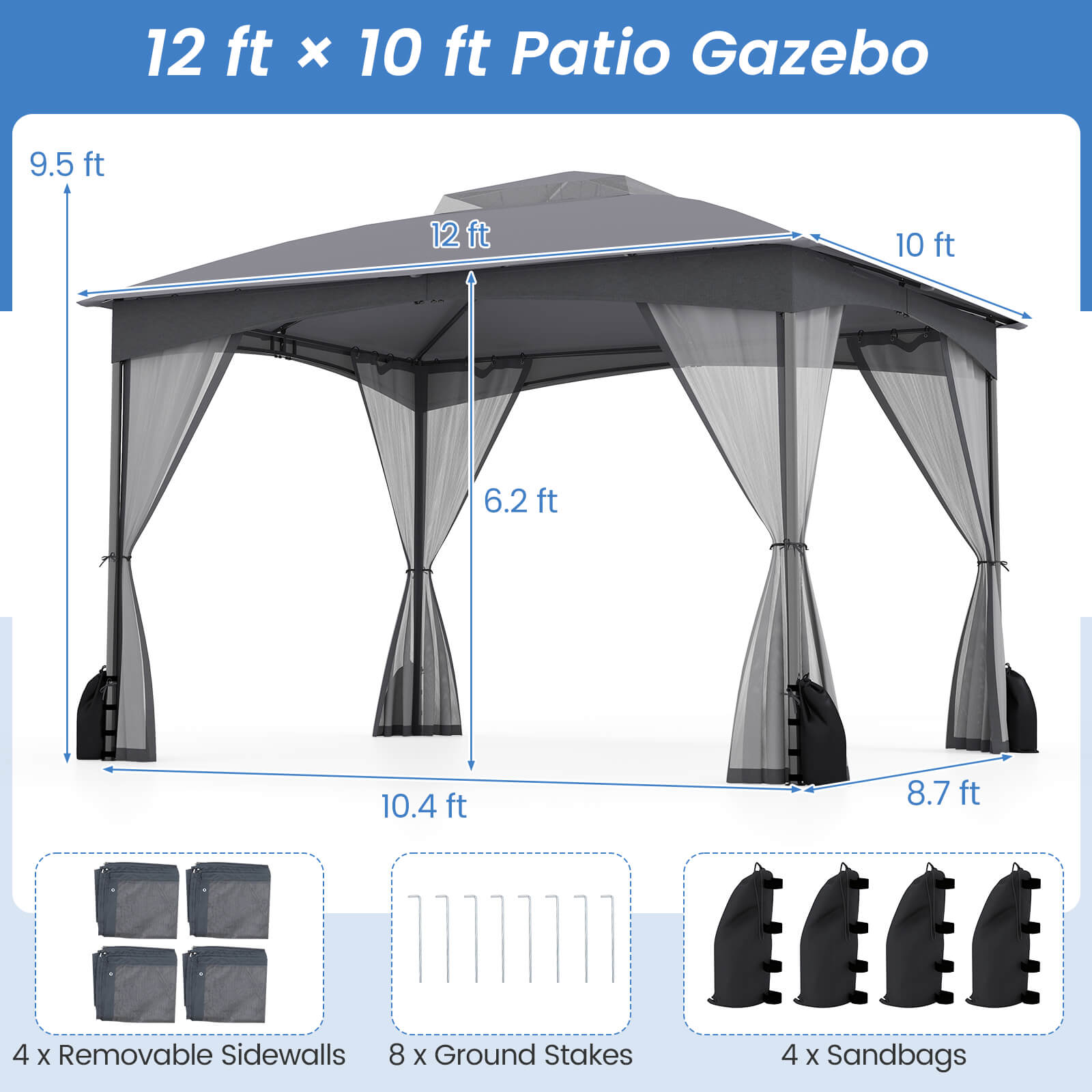 Costway 10x12 FT 2-Tier Patio Gazebo Canopy Netting Heavy-Duty Metal Easy-Setup Outdoor