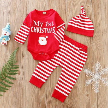 

Leonard New 2020 New Products Children s Clothing Letter Christmas Print Children s Three-piece Clothes Set Christmas Striped Clothing Set