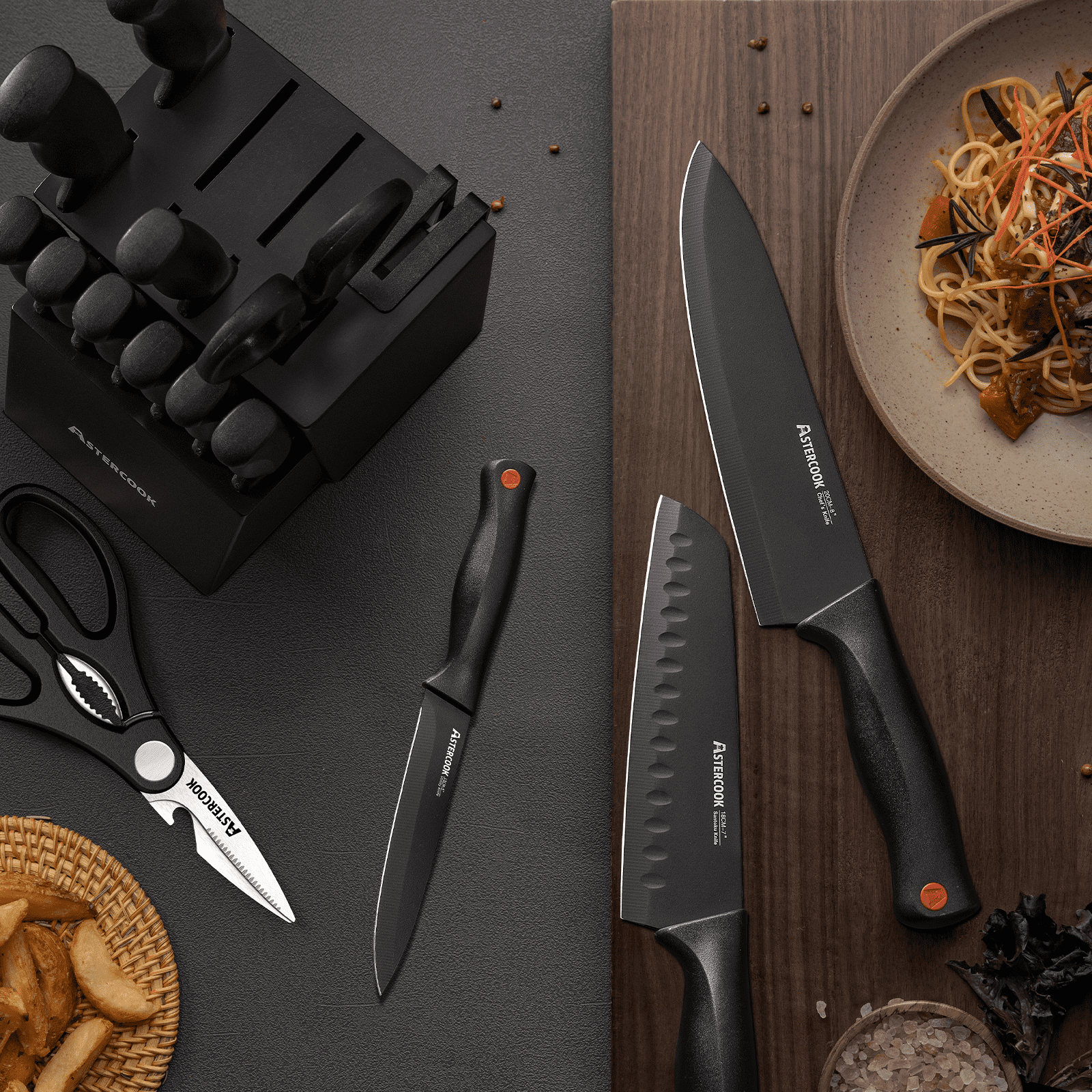 Astercook Kitchen Knife Set, 15 Pcs Knives Block Set with Builtin Sharpener, Healthy AntiRust Coatin(图5)