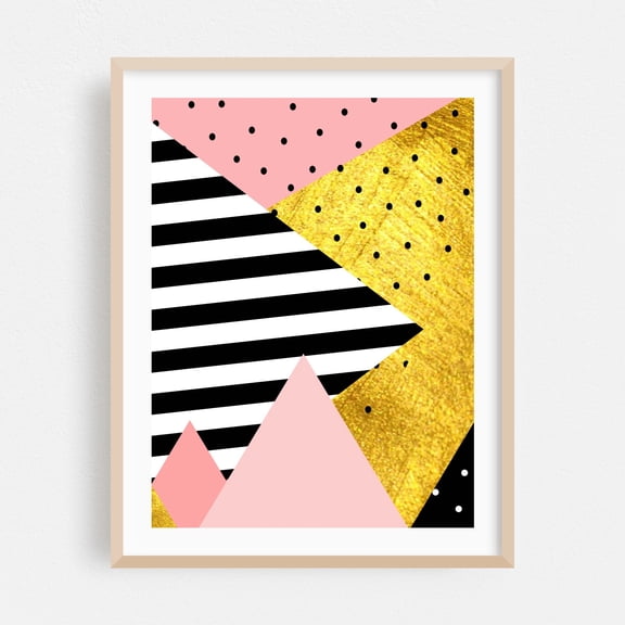 Gold Abstract Pink - Digital Art Geometric Modern Art Abstract Pattern Pop Art Minimalist Oak Framed Wall Art Print 8 x 10 inches