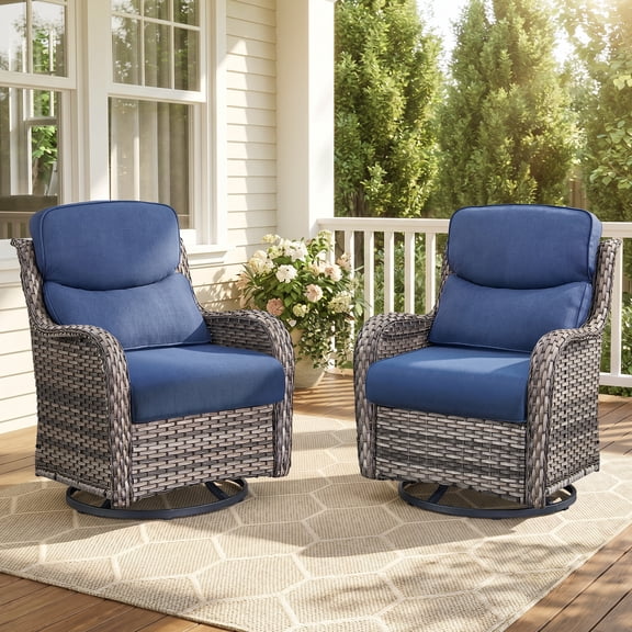 PARKWELL Patio Wicker Chairs Swivel Rocker Set of 2,Outdoor Rattan Swivel Glider Rocking Lounge Chairs for Patio Porch Pool,Gray/Navy