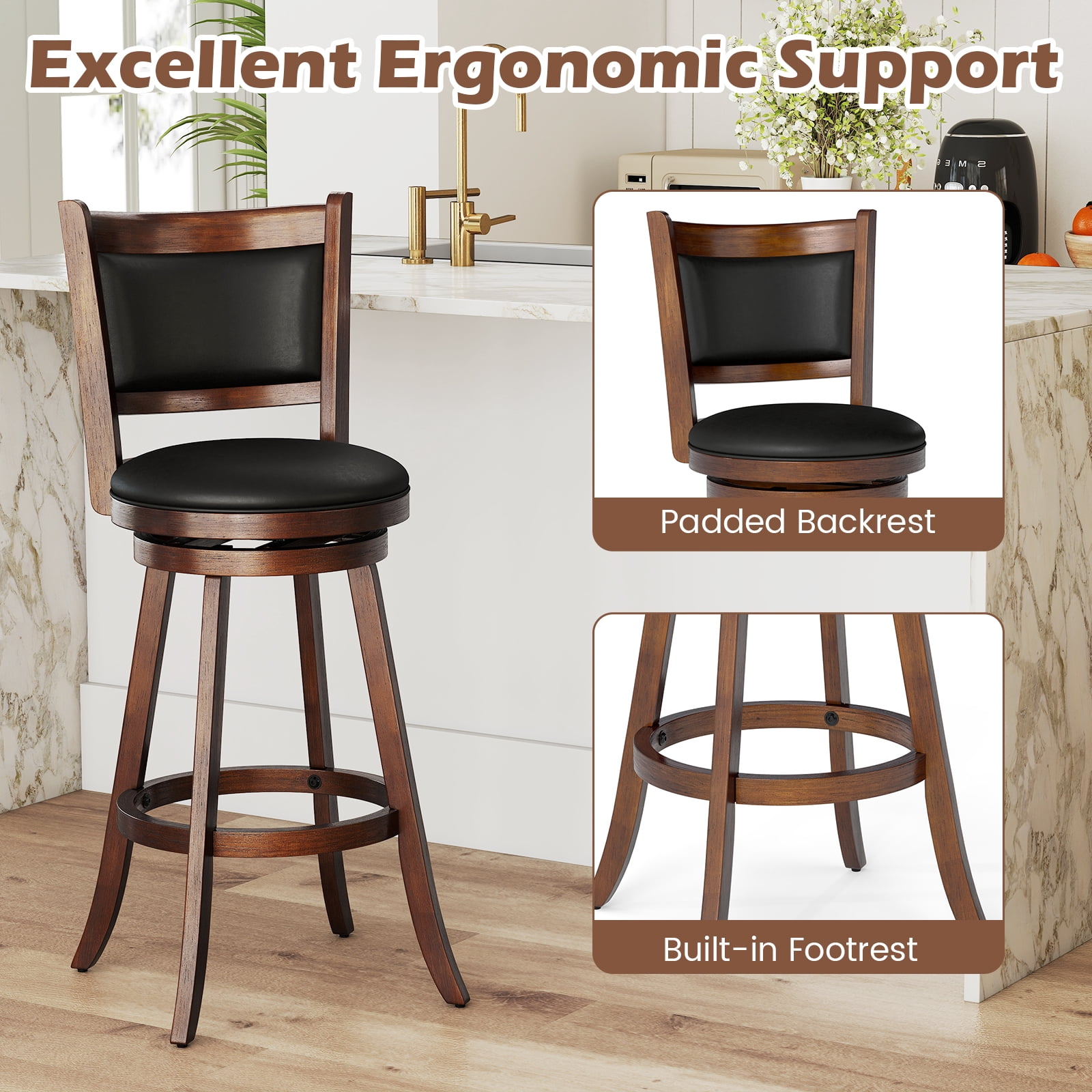 Costway Set of 2 29'' Swivel Bar Height Stool Wood Dining Chair Upholstered Seat Panel Back Espresso