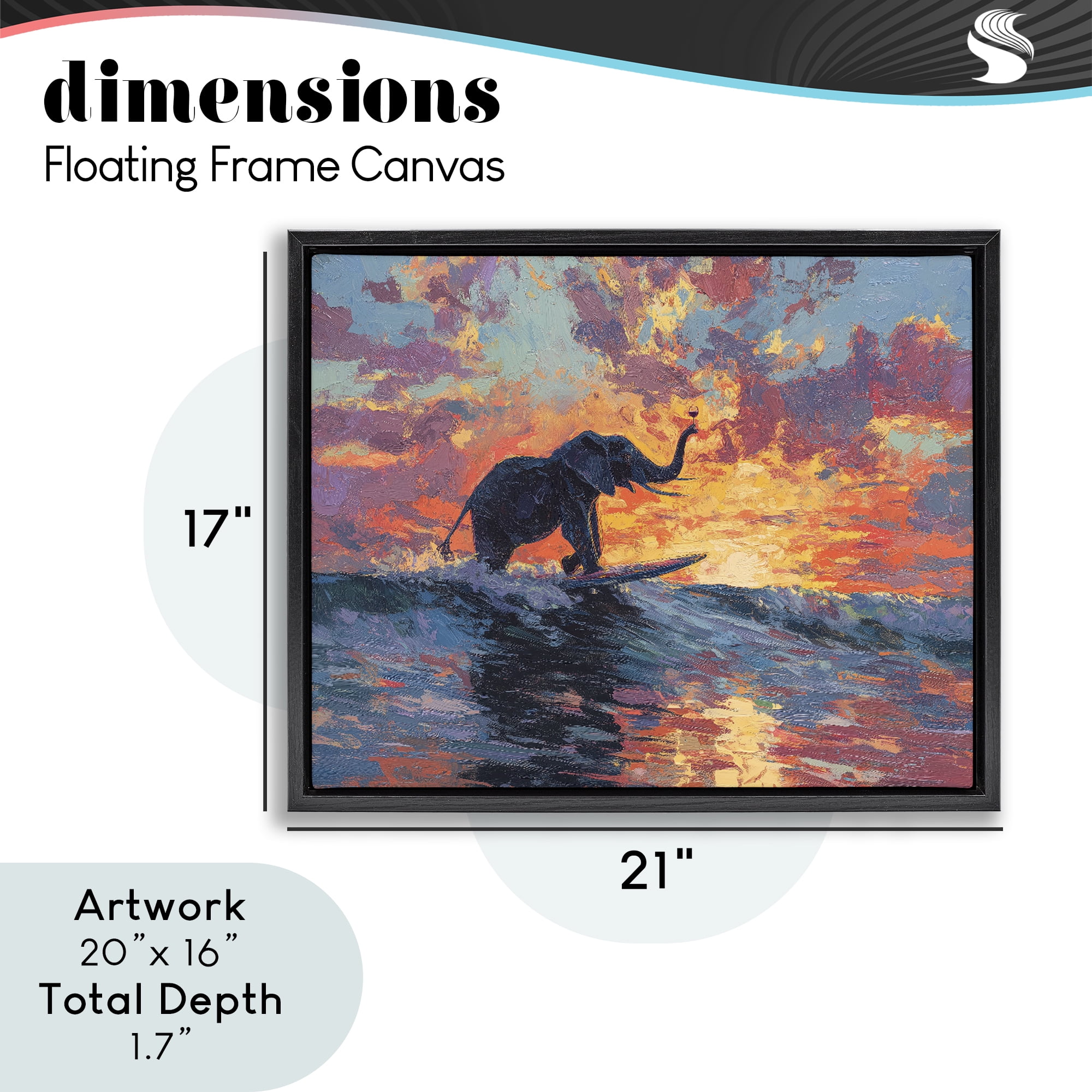 Sunset Surf Elephant Black Framed Floater Canvas Wall Art, design by Ziwei Li