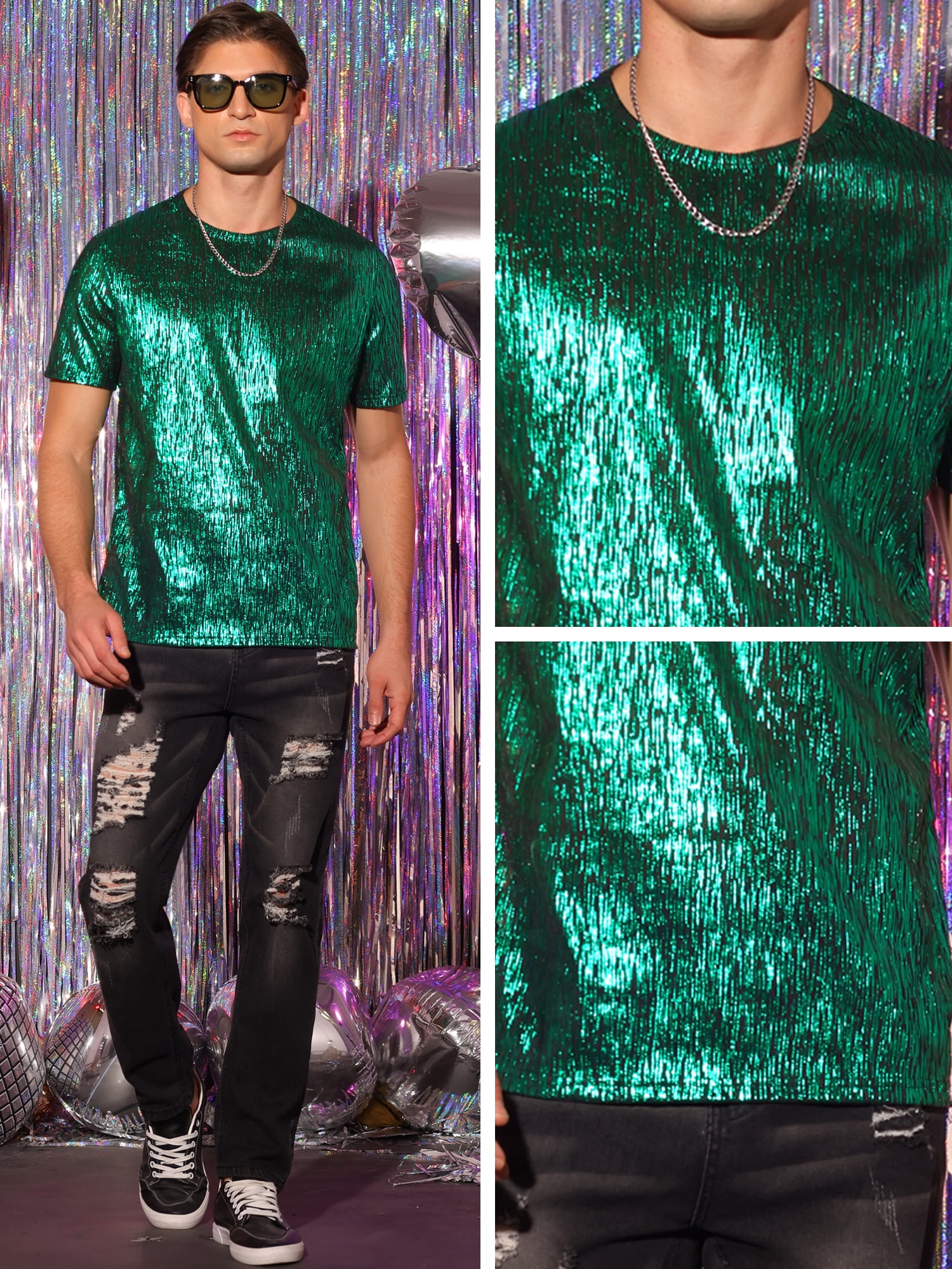 Unique Bargains Men's Metallic Shiny T-Shirt Round Neck Short Sleeves Sparkle Tee Top S Green