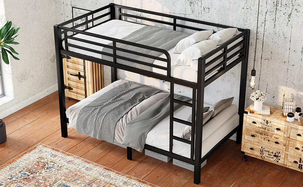 Mintazer Twin Over Twin Metal Bunk Bed with Guardrails, Noise-Free Design & Under-Bed Storage for Teens Adults Bedroom, Black
