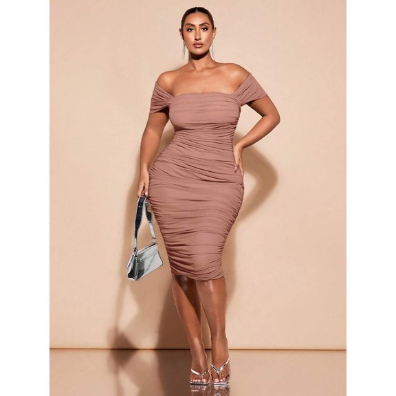 Dusty Pink Off Shoulder Ruched Bodycon Midi Dress For Women