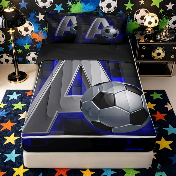 Castle Fairy 3D Metallic Letter A Soccer Print Zipper Twin Comforter Sets with Fitted Sheet and 2 Pillowcases, Futuristic Sports Graphic Zipper Bedding Set, Silver Black Blue,4-Piece,Black Reversible