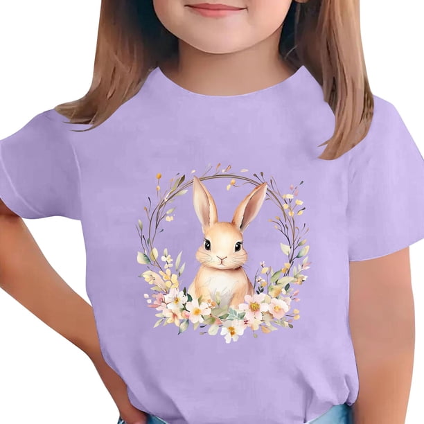 Manga Corta Crop Top para Niños con Lindo Estampado de Pascua, Cuello Redondo Casual Graphic Tee para 3-14 Años, Tela Suave Transpirable