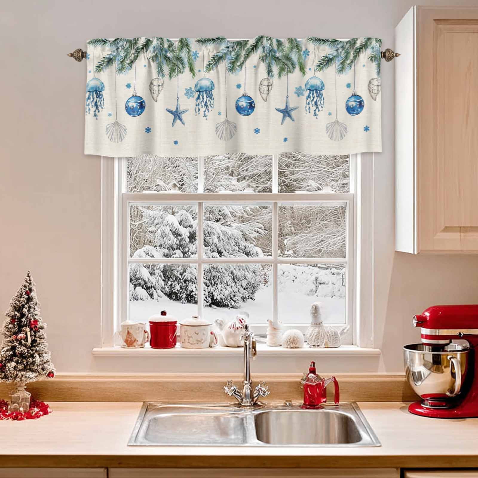 Christmas Bell Starfish Shells Pine Needles Valances for Windows,Kitchen Valance Rod Pocket Short Curtain,Xmas Snowflakes Retro Linen Valance Curtain Window Valances for Bedroom 54x18in