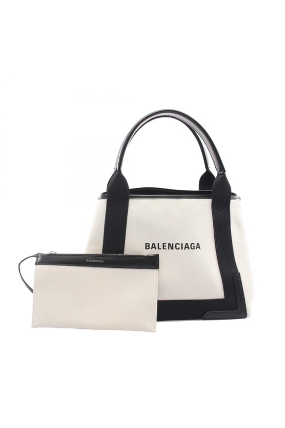 Pre-Owned Balenciaga Navy Cabas S Tote Bag Handbag Canvas Leather Women's Ivory/Black 3399332