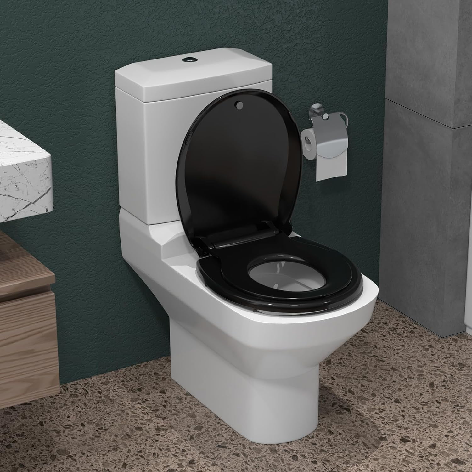 Toilet Seat, Round Toilet Seat with Toddler Seat Built in, Potty Training Toilet Seat Round Fits Both Adult and Child, Quiet-Close Lid and Seat, Black 17''