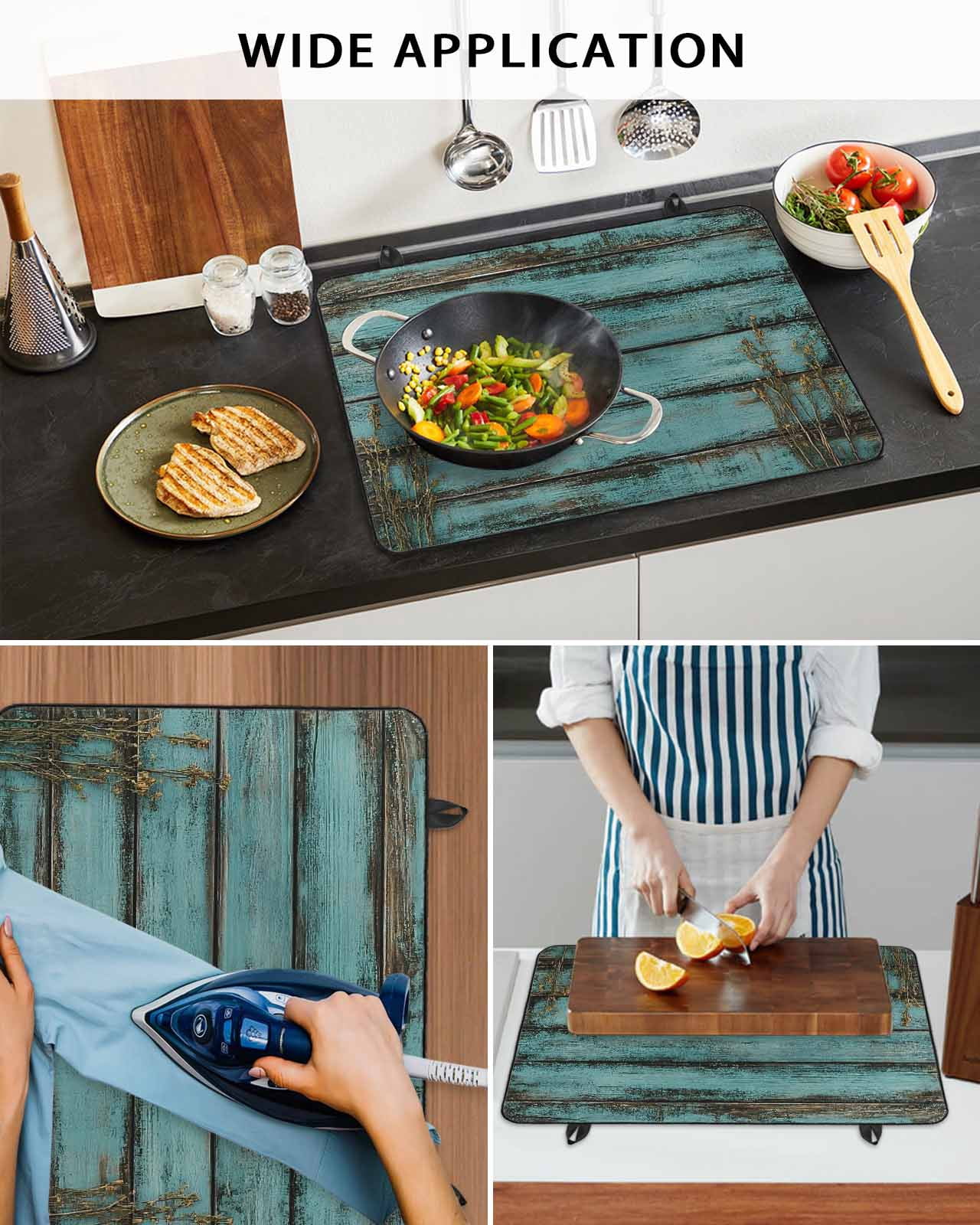 nqOlkjepod Large Induction Cooktop Protector Mat 36"x21", Teal Wood Print Stove Top Covers for Electric Stove, Abstract Vintage Plank Plant Decorative Stove Burner Cover Mats, Glass Top Stove Cover
