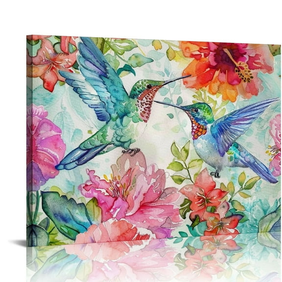 Fenyluxe Floral Print Hummingbird Wall Decor Canvas Print Art Ready To Hang - Home Room Decoration 16x12in