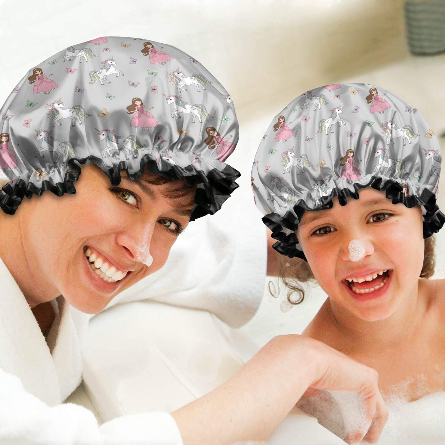 Shower Caps,Princess Unicorn Butterfly Pattern Waterproof Shower Cap for Women 4 Pieces,Double Reusable Hair Cover for Shower PEVA Elastic Stretch Hem