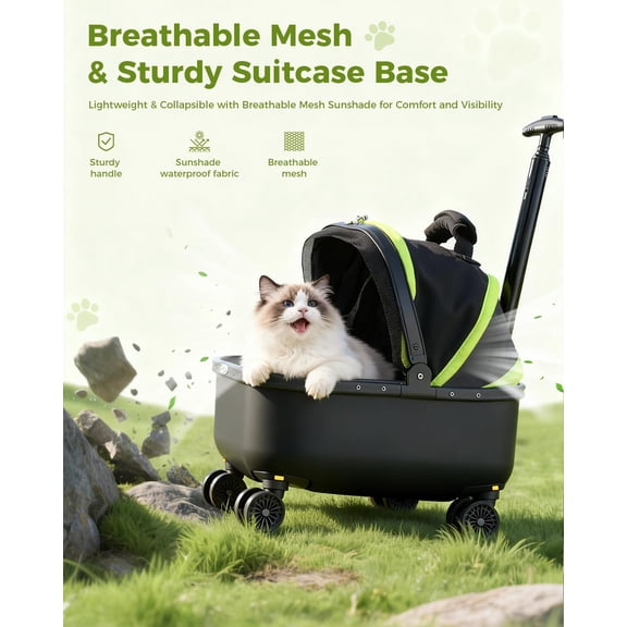 Lekereise Cat Carrier with Wheels (Black), 180° Wide Open Rolling Cat Carrier for Outdoor Adventures, Silent Wheels & Hard Bottom for Park/Camping, Portable Pet Travel Carrier for Cats Up to 15 lbs