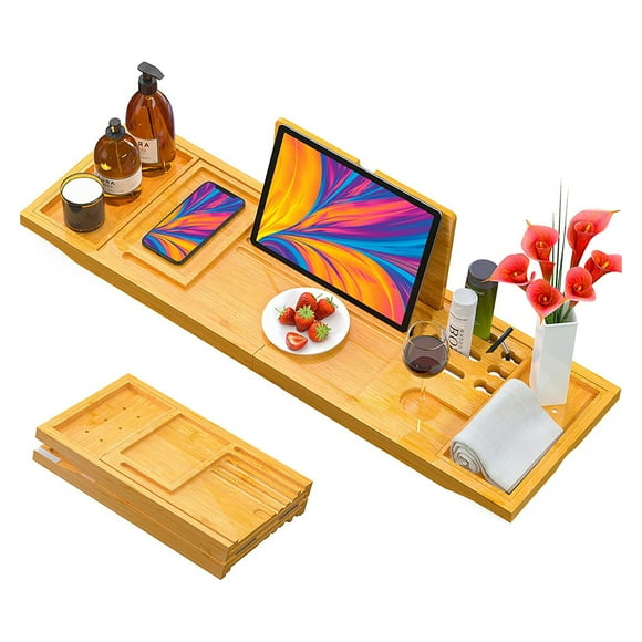 Zootealy Bathtub Tray Bamboo Bath Caddy Tray for Bathtub, Personalised Gifts for Women,, with Wine Glass Holder, Book/Tablet Stand, Bath Tray Expandable & Foldable for Home Spa Relaxing