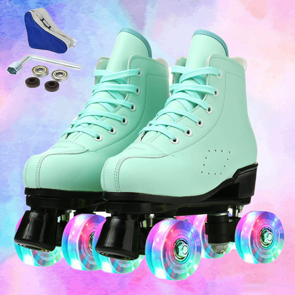 YUANYI Quad Roller Skates For Girl And Women With All Wheel Light Up,Indoor/Outdoor Lace-Up Fun Illuminating Roller Skate For Kid,Blue-L（38-42）-set1