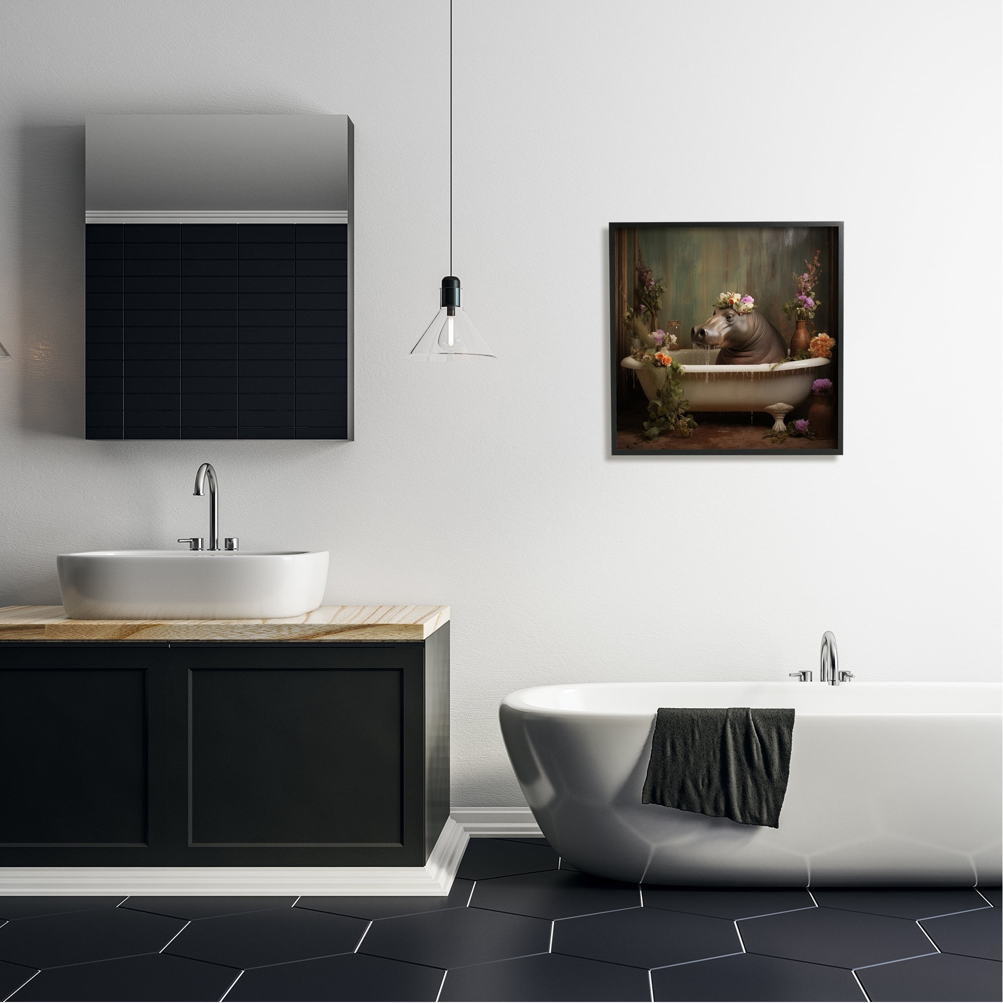 Stupell Industries Vintage Hippo Bathtub Animals & Insects Painting Black Framed Art Print Wall Art, 24 x 24