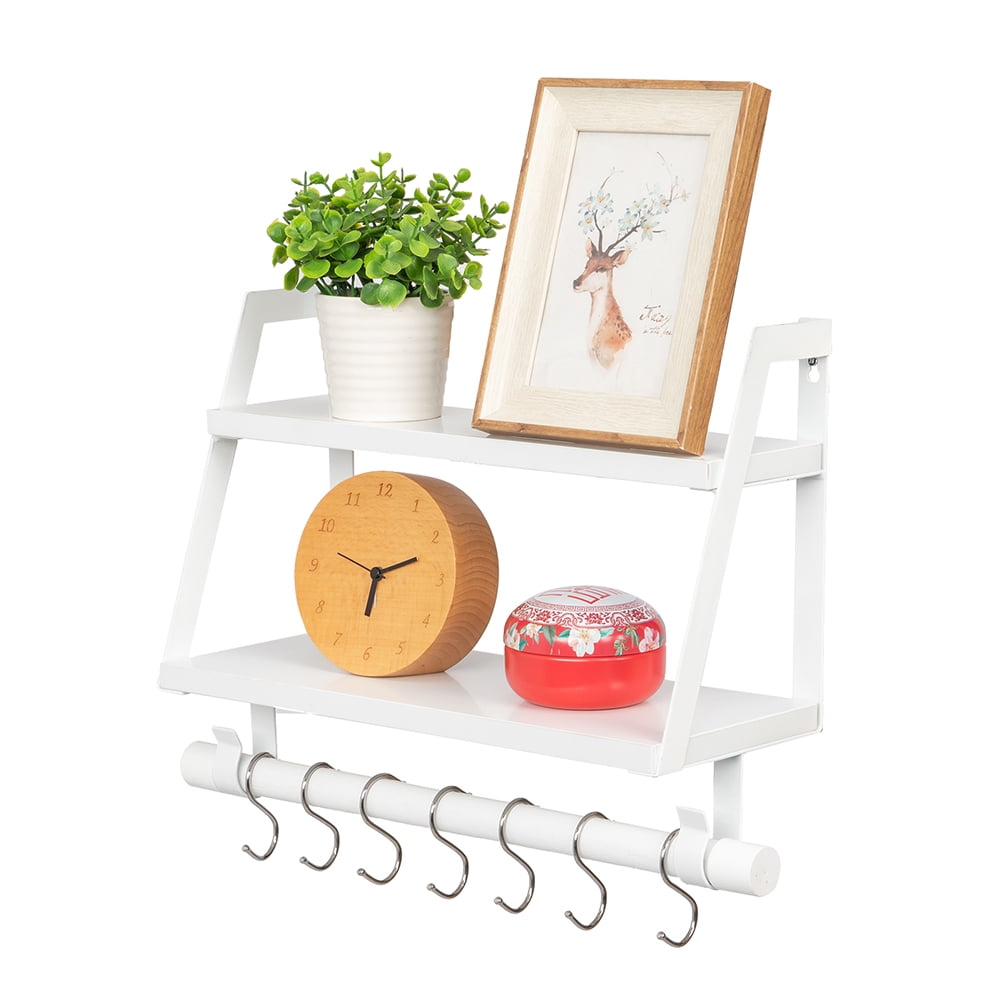 Lowestbest Wall Shelves Wood Floating Shelves, 2 Tier Storage Shelves Bathroom Shelf Kitchen Spice Rack with 8 Hooks,White Lowestbest Wall Shelves Wood Floating Shelves, 2 Tier Storage Shelves Bathroom Shelf Kitchen Spice Rack with 8 Hooks,White