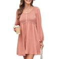 thumbnail image 2 of Women'S Casual Dresses Smocked Crewneck Button Up Long Sleeve Waist A-Line Mini Dress Pink S, 2 of 8