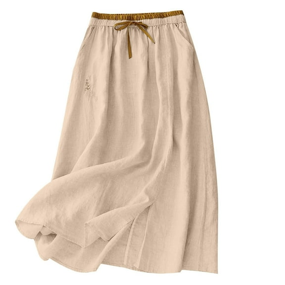 Busydd Skirts for Women Summer Solid Color Cotton Linen Midi Skirt Comfy Elastic Waist Drawstring Long Skirts for Women with Pockets M